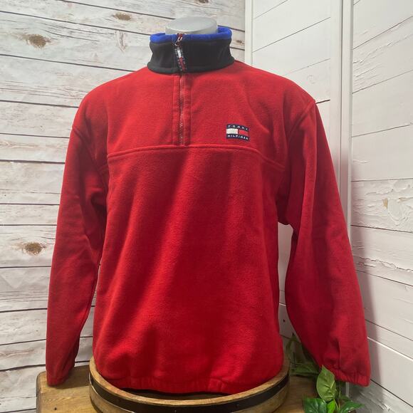 Vintage Tommy Hilfiger Red Pullover Fleece Sweater Pockets Men's Large 1/4 Zip - Picture 1 of 8